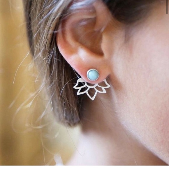 Silver Lotus Flower Green Stone Jacket Earring - Picture 1 of 5